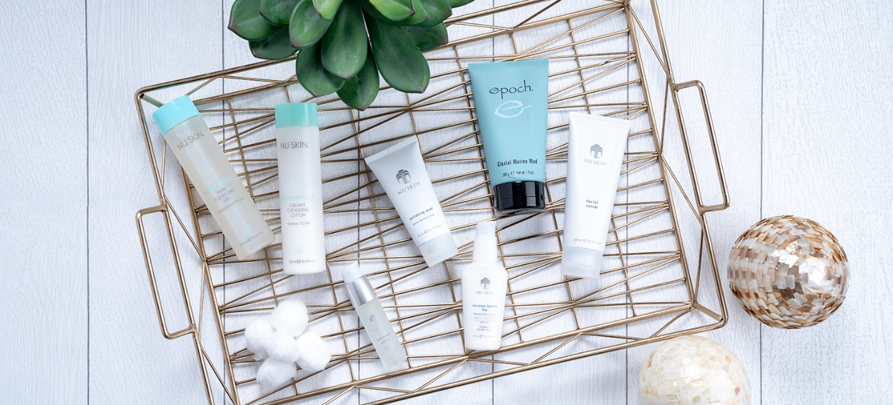 customized skin care banner Nu Skin skin care products on a tray